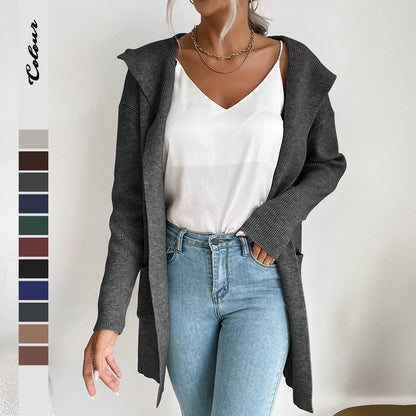 Damen Strickcardigan Lässig Hoher Kragen Offene Vorderseite Beige - Eveloria