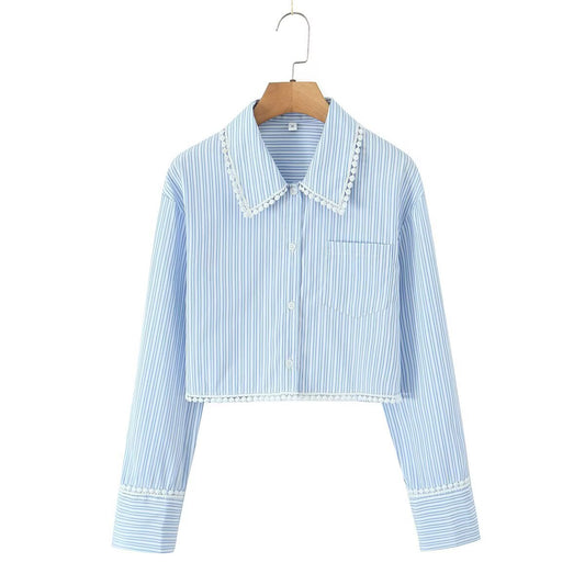 Damen Cropped Bluse Spitzenakzente Weiß - Eveloria