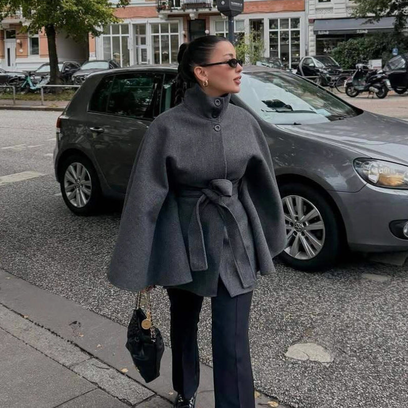 Damen Umhangjacke Wollmix Taillengürtel Eveloria