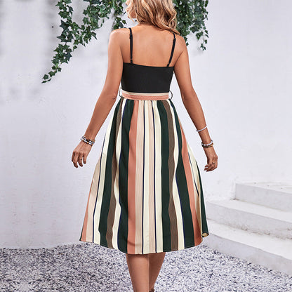 Damen Midikleid Streifenmuster Verstellbarer Gürtel Eveloria