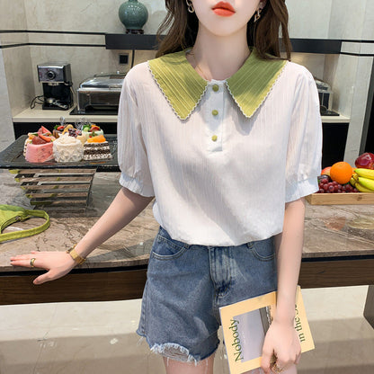 Damen Bluse Kurzarm Eleganter Kragen Dekorative Knöpfe