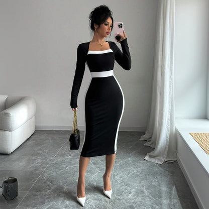 Damen Midi-Kleid Figurbetont Quadratischer Ausschnitt Kontrast