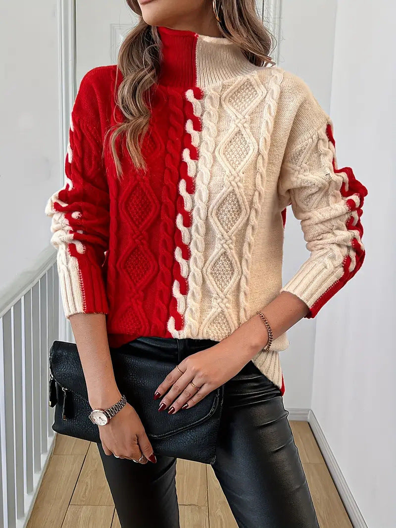Damen Strickpullover Farbwechsel Zopfdesign