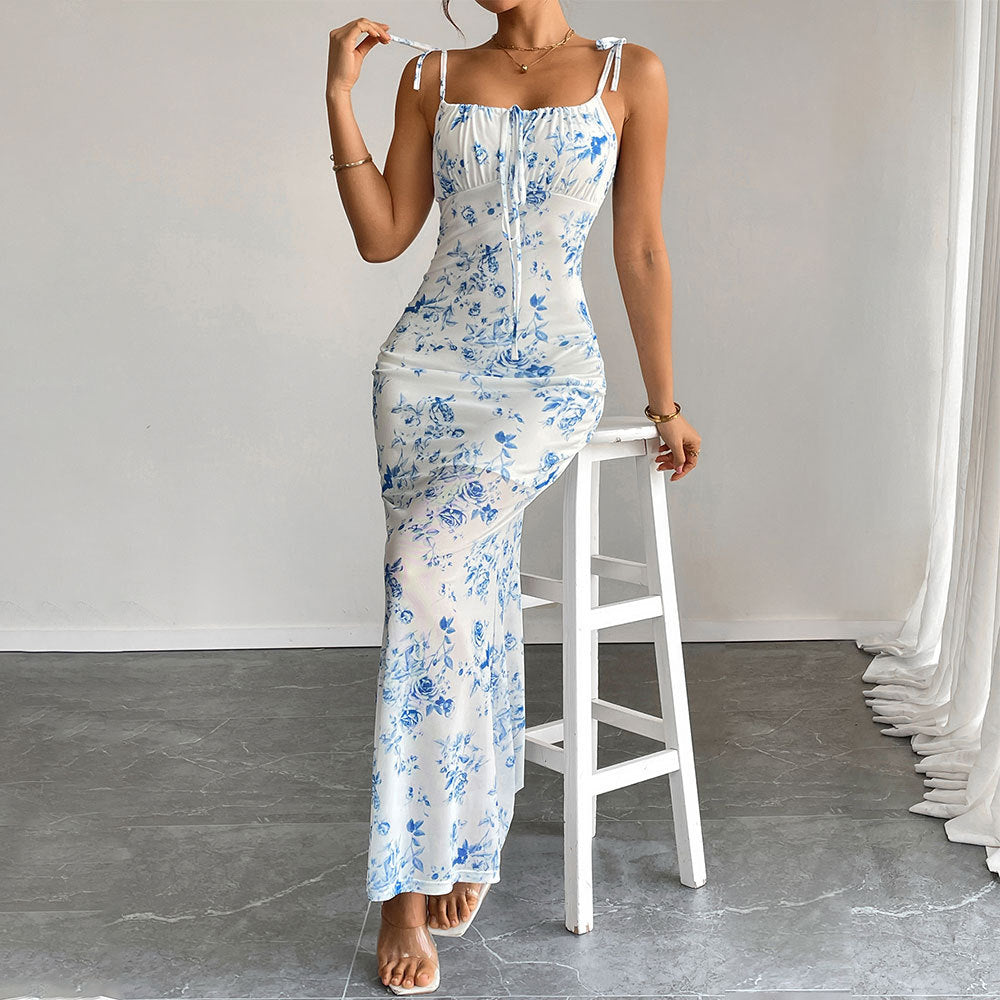 Damen Maxikleid Blumenmuster Rüschendetails
