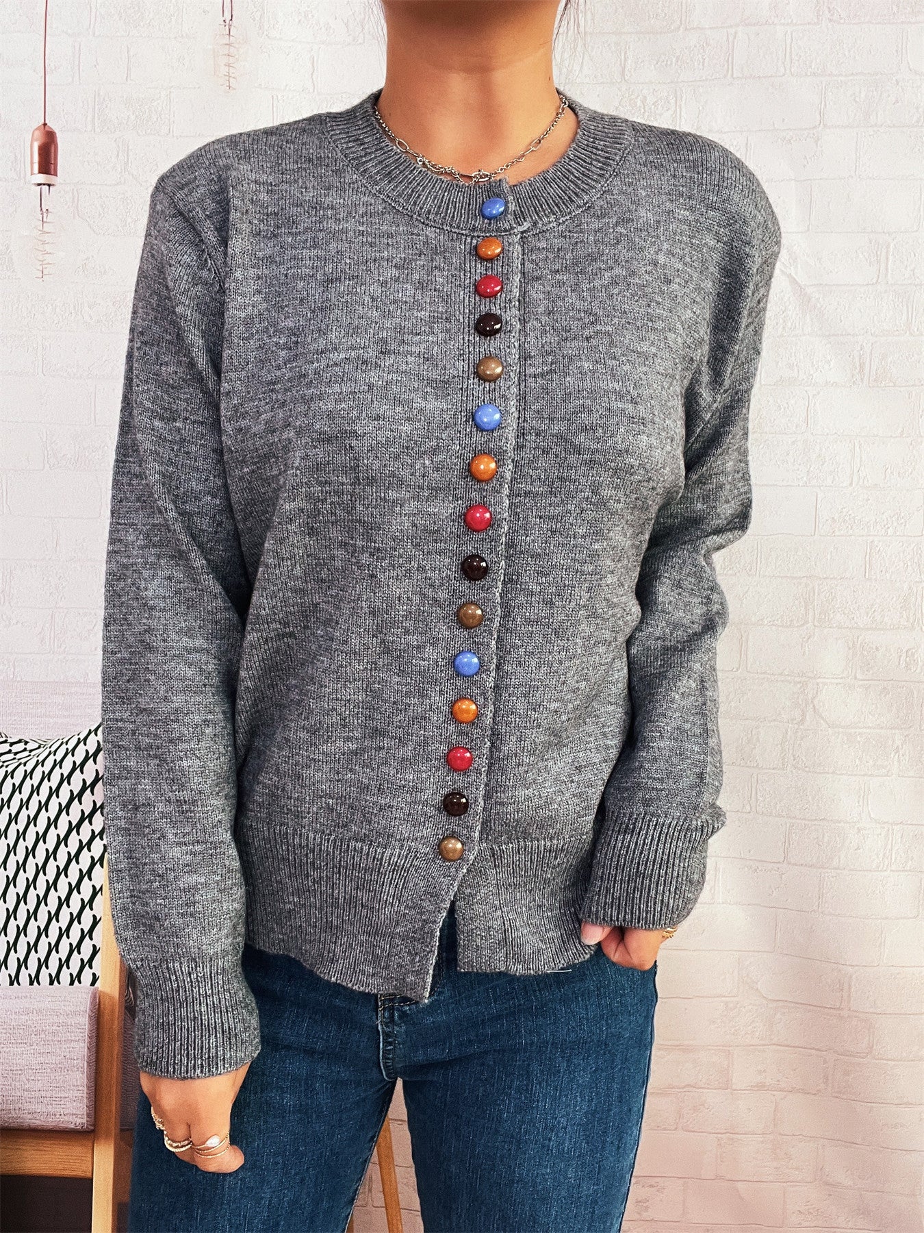 Damen Strickjacke Farbenfroh Knopfdetail