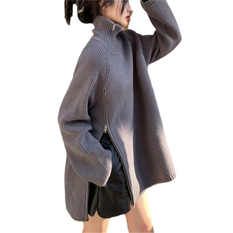 Damen Rollkragenpullover Oversized mit Reißverschluss und Rippenmuster