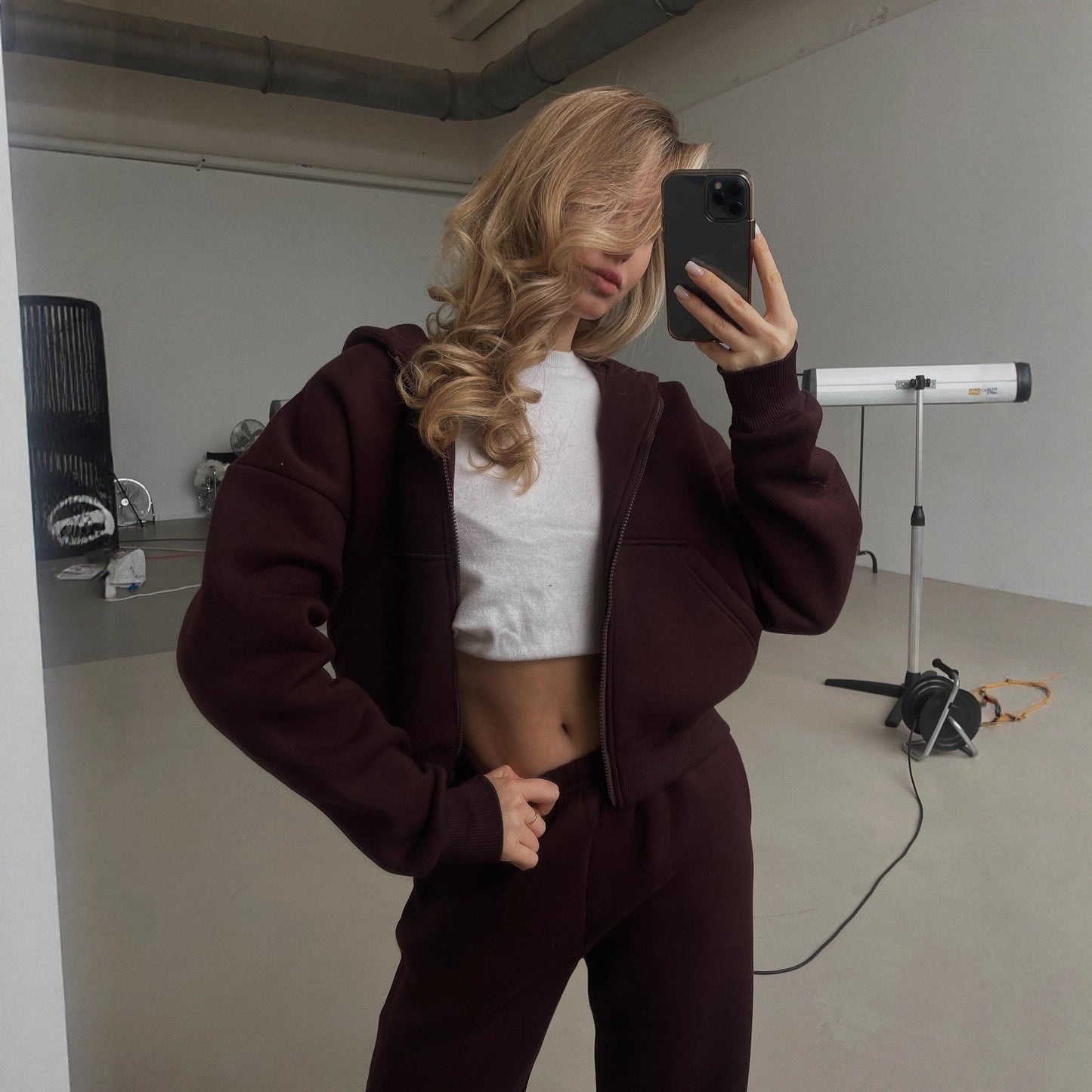 Damen Cropped Freizeitanzug Elastisch Reißverschluss Eveloria