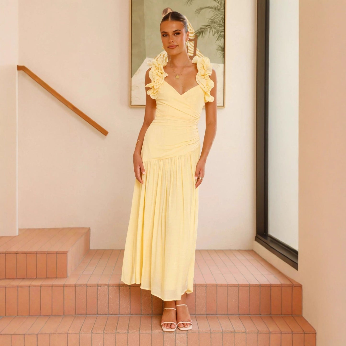 Damen Maxikleid V-Ausschnitt Rüschen Fließend Eveloria