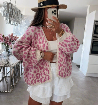 Damen Strickjacke Leopardenmuster Oversized Voluminöse Ärmel