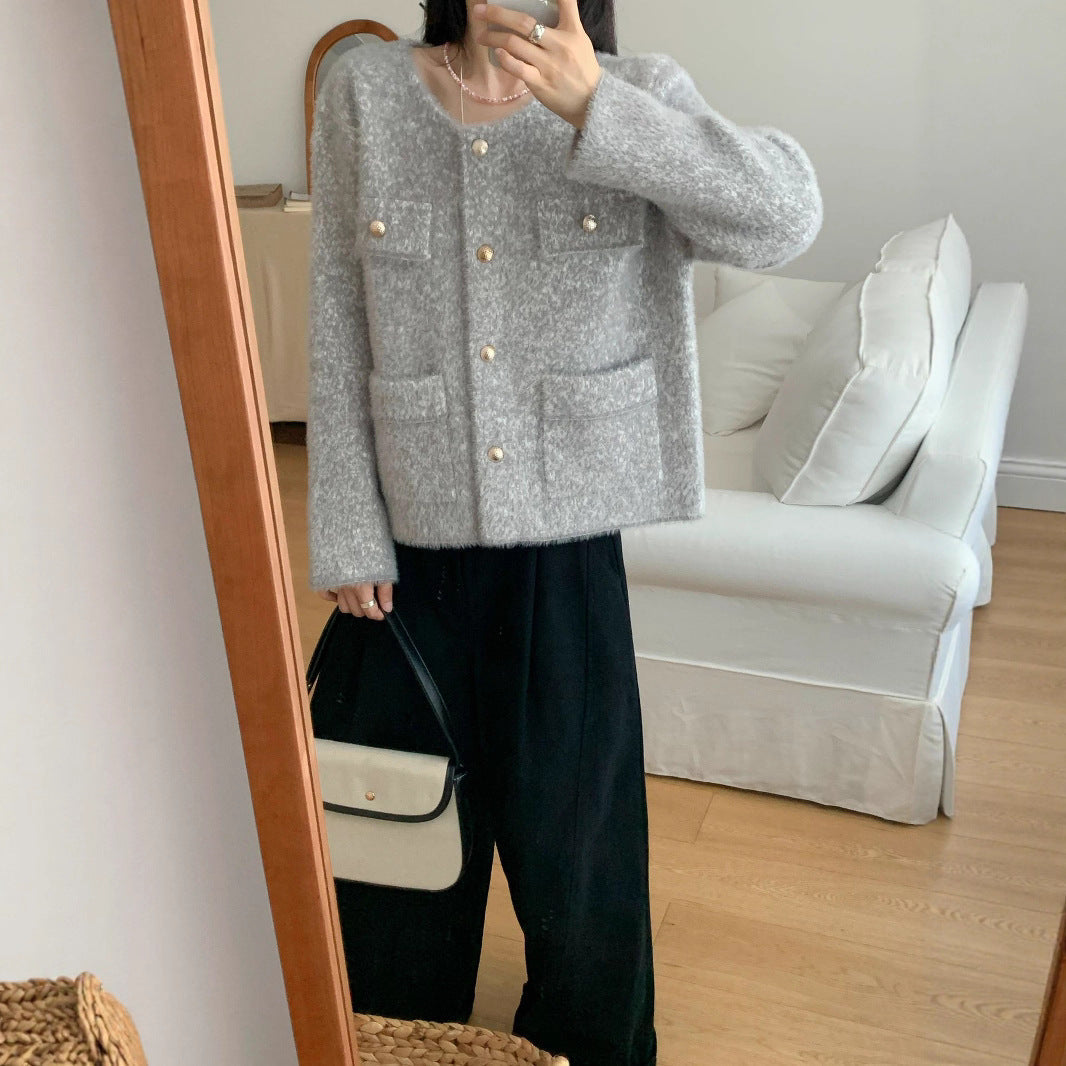 Damen Strickjacke Kuschelig Knöpfe Taschen Beige