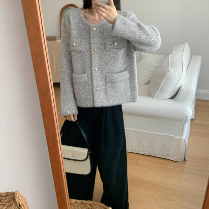 Damen Strickjacke Kuschelig Knöpfe Taschen Beige