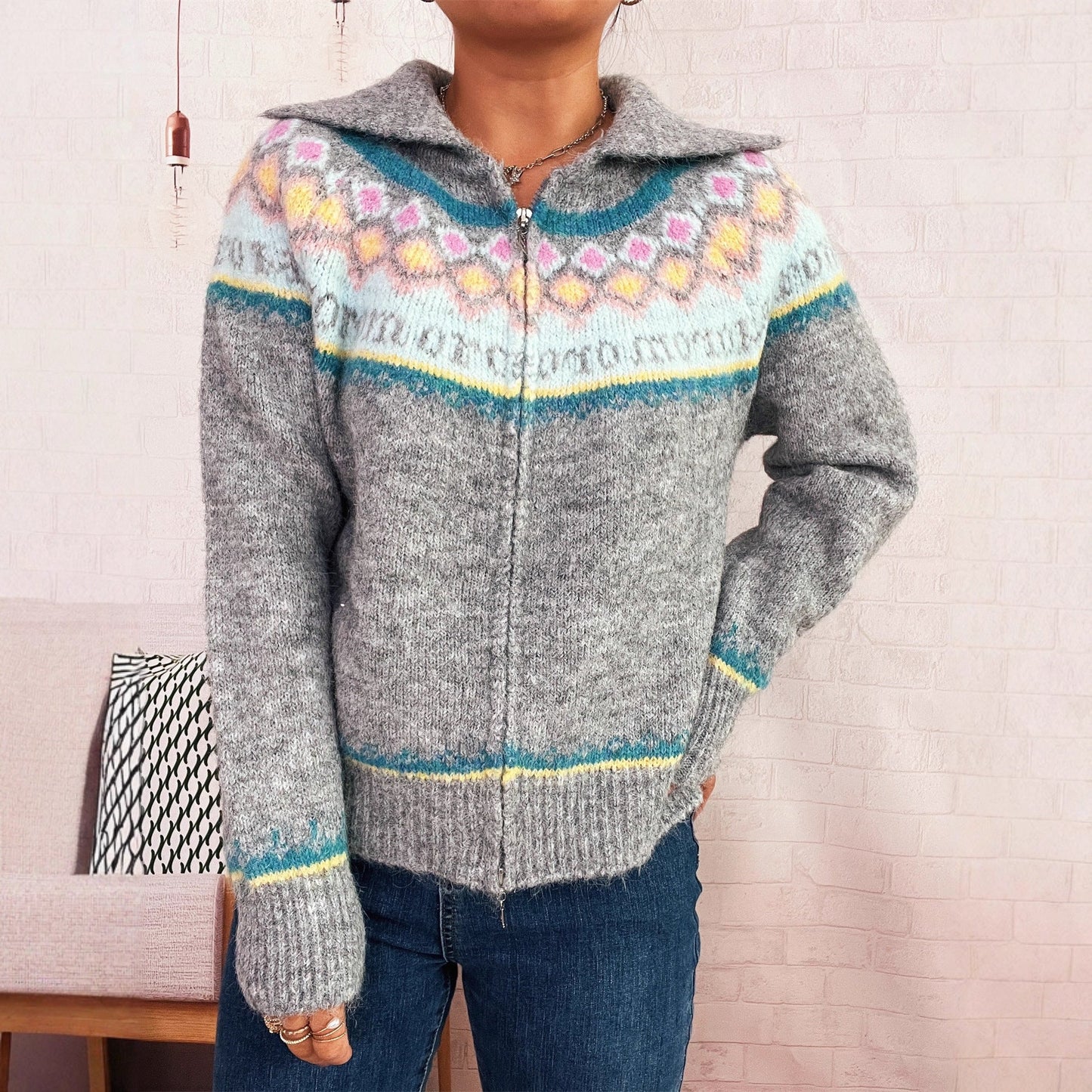 Damen Strickjacke Floralmuster Modern Reißverschluss Eveloria