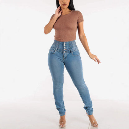 Damen High-Waist Jeanshose Elastisch Dekorativer Knopfverschluss