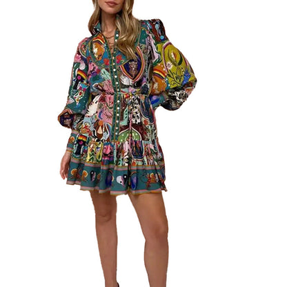 Damen Midikleid Tier- und Blumenmuster Weite Ärmel Bunt