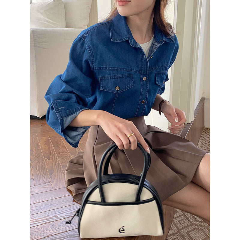 Damen Denim-Hemdjacke Lässig Aufgesetzte Taschen Blau Eveloria