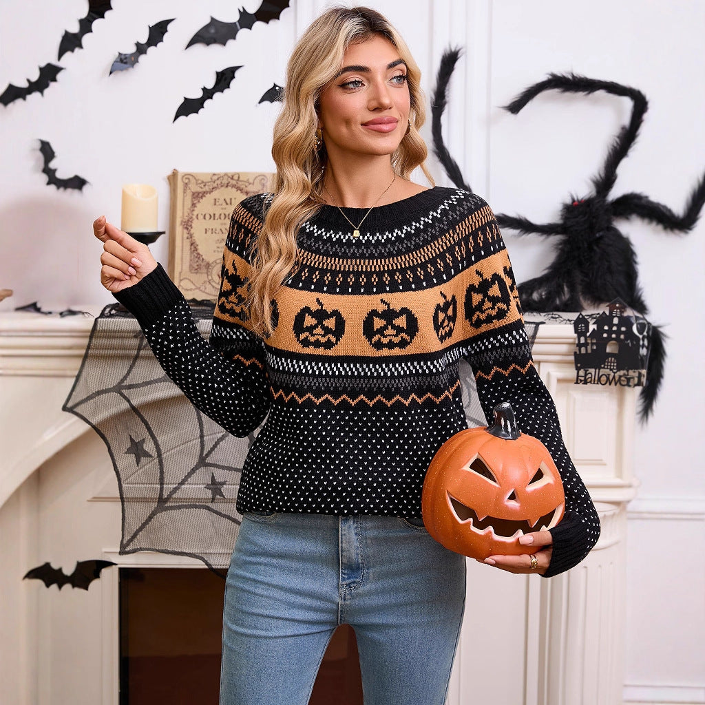 Damen Strickpullover Halloween-Motiv Feinstrick Schwarz Eveloria - Eveloria