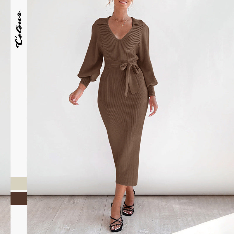 Damen Strickkleid V-Ausschnitt Elegantes Taillieren Eveloria - Eveloria