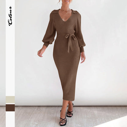 Damen Strickkleid V-Ausschnitt Elegantes Taillieren Eveloria - Eveloria
