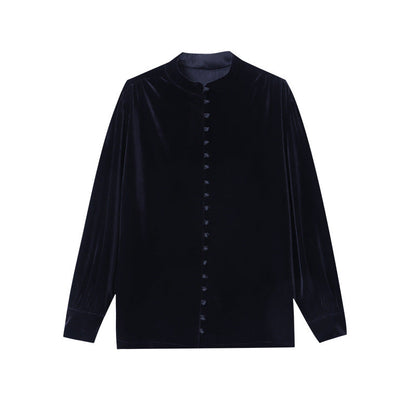 Damen Samt Bluse Hochkragen Dekorative Knöpfe Eveloria