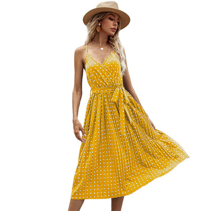 Damen Midikleid Taillengürtel Polka Dot Muster