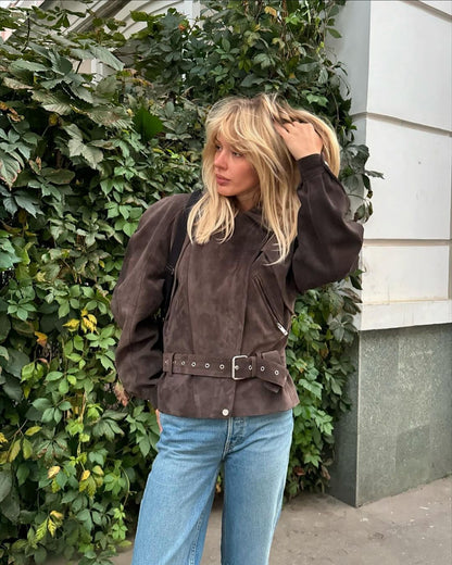 Damen Wildlederjacke Mit Taillengürtel Eveloria