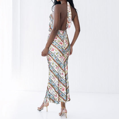 Damen Maxikleid Floralmuster Bindbarer Nacken Eveloria