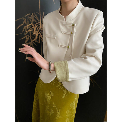 Damen Chiffon-Jacke mit asiatischen Knöpfen und Komfort-Schnitt