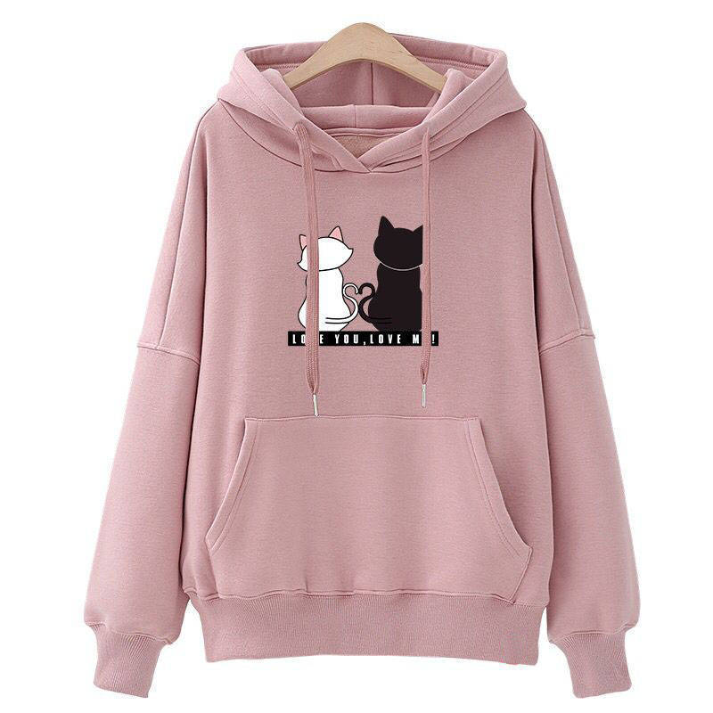Damen Kapuzenpullover Katzenmotiv Kängurutasche Grau - Eveloria