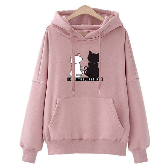 Damen Kapuzenpullover Katzenmotiv Kängurutasche Grau - Eveloria
