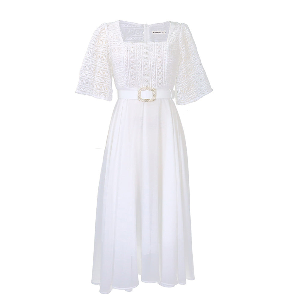 Damen Maxikleid Spitze Taillengürtel Eveloria