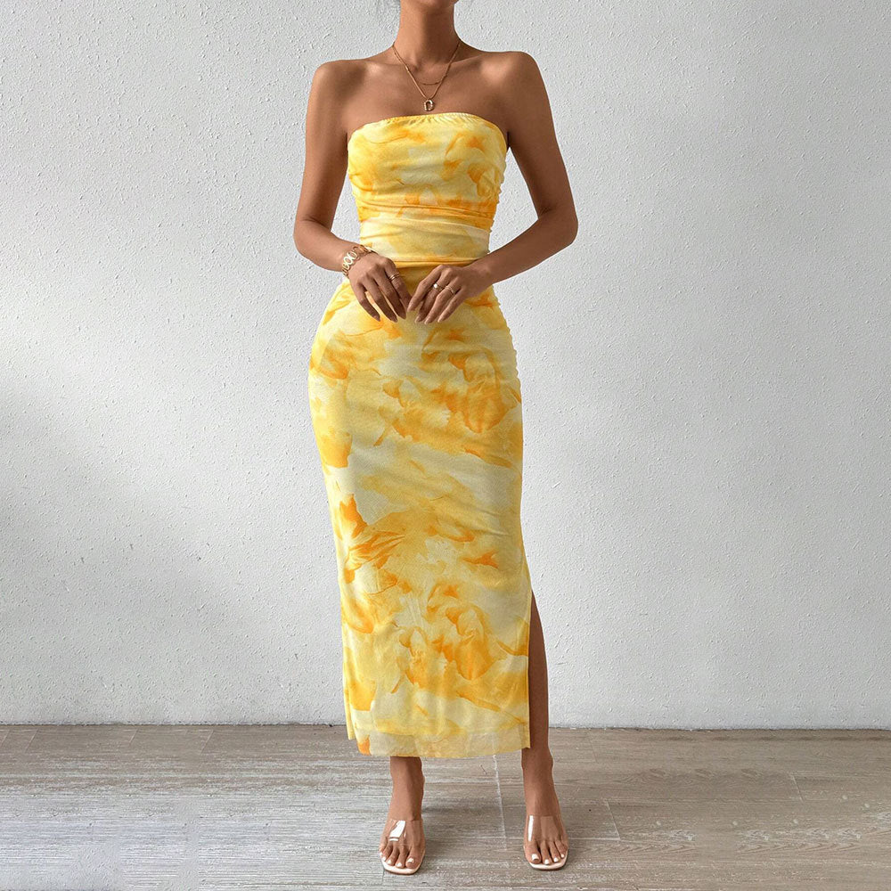Damen Maxikleid mit Bandeau-Ausschnitt und hohem Schlitz Lang Eveloria
