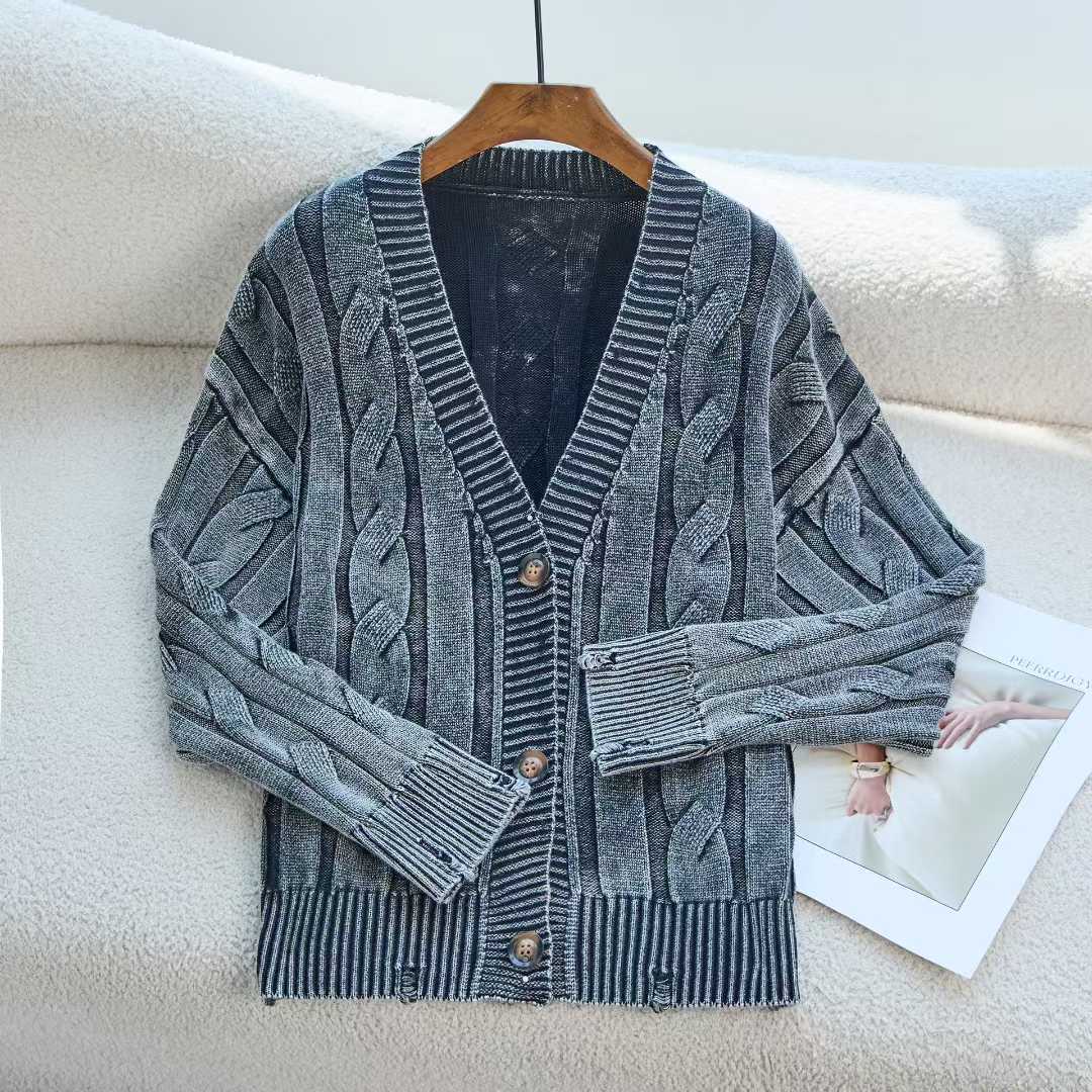 Damen Cardigan Grobstrick V-Ausschnitt Zopfmuster Beige