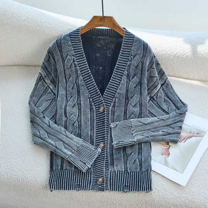 Damen Cardigan Grobstrick V-Ausschnitt Zopfmuster Beige