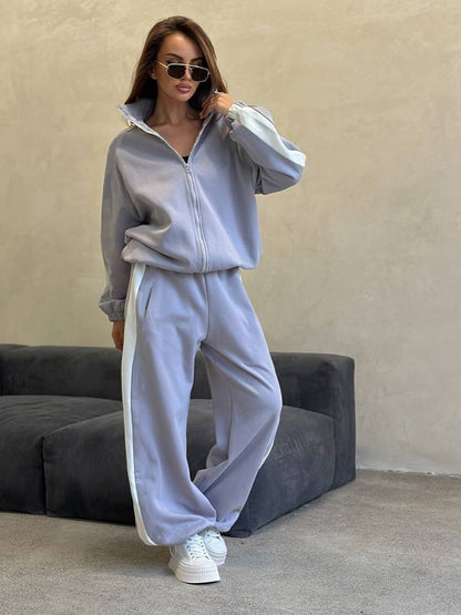 Damen Fleece-Sweat-Set mit hohem Kragen und Streifen Eveloria