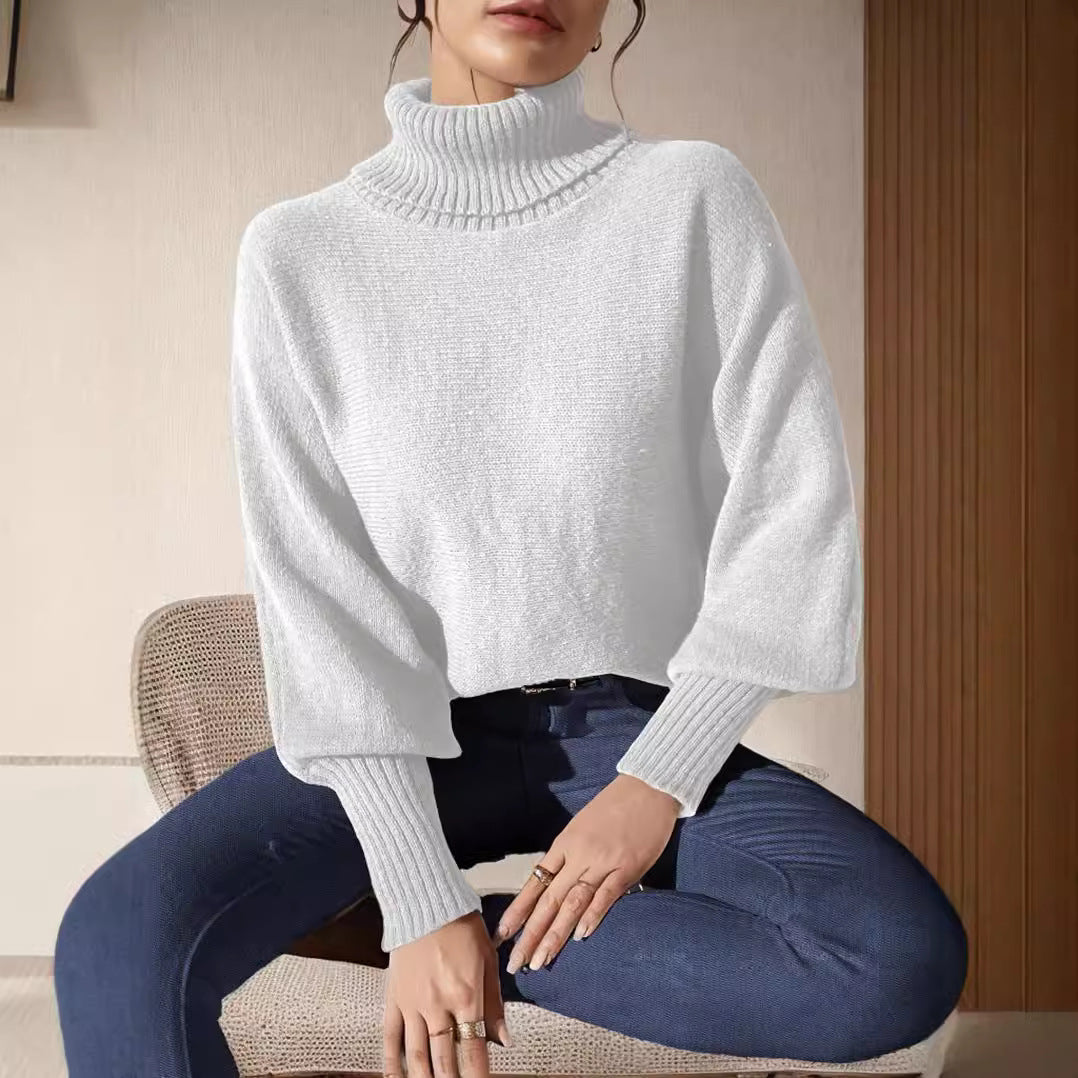 Damen Rollkragenpullover Voluminöse Ärmel Feines Strickmuster Eveloria