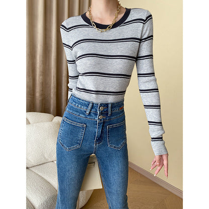 Damen Langarmshirt Streifenmuster Feine Rippstruktur