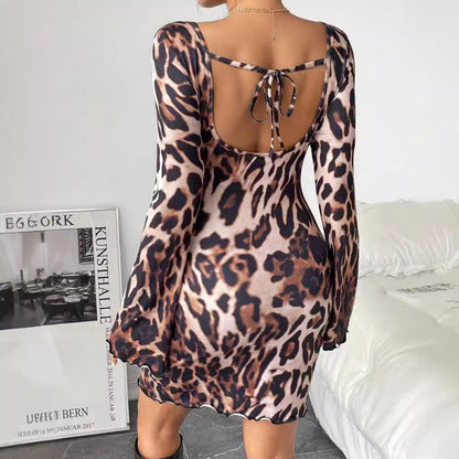 Damen Minikleid Leopardenmuster Weite Ärmel