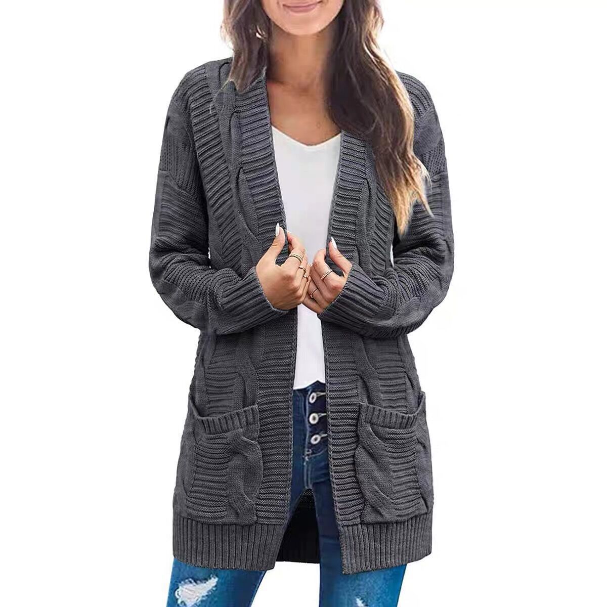 Damen Grobstrick Cardigan mit Taschen Strukturierter Look Beige