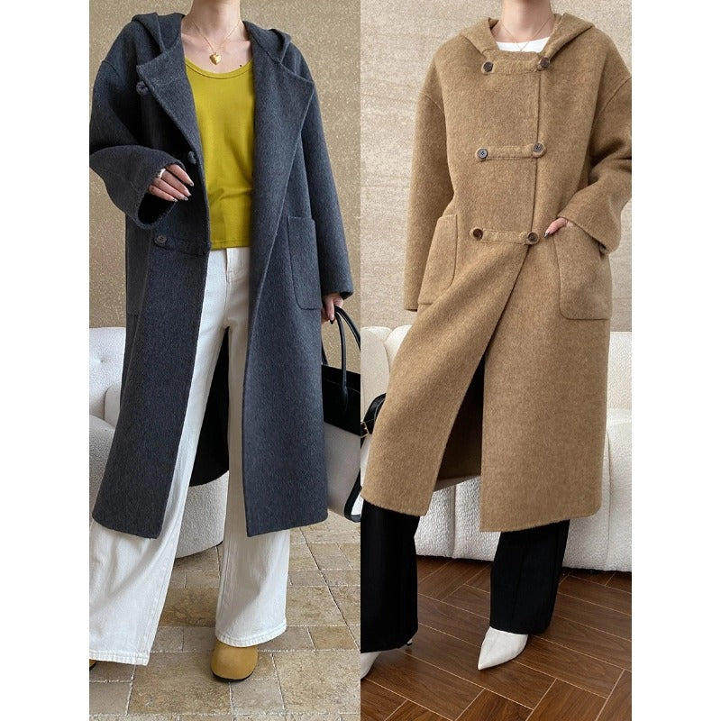Damen Wollmantel Mit Kapuze Praktische Taschen Eveloria