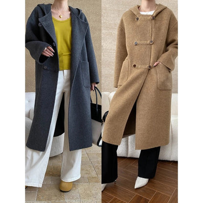 Damen Wollmantel Mit Kapuze Praktische Taschen Eveloria