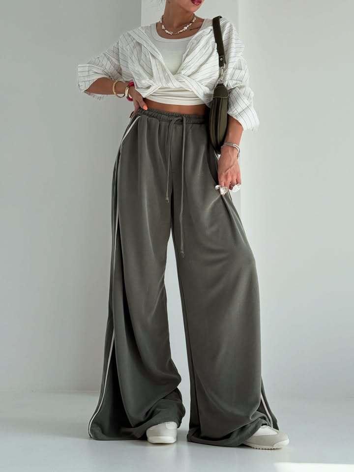 Damen Sporthose Weit Elastischer Bund Seitentaschen Eveloria