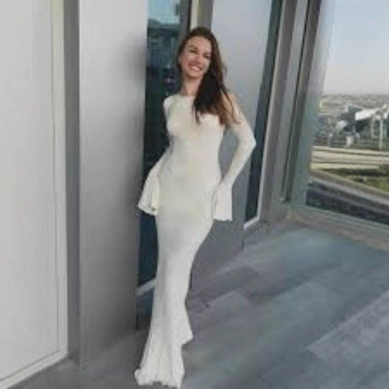 Damen Langkleid Figurbetont Muschel-Design Ärmelabschluss