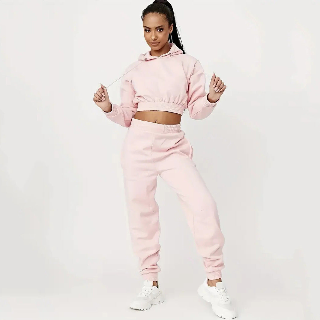 Damen Cropped Sweatanzug Elastisch Mit Kordelzug Beige