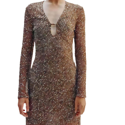 Damen Paillettenkleid mit V-Ausschnitt und langen Ärmeln Eveloria
