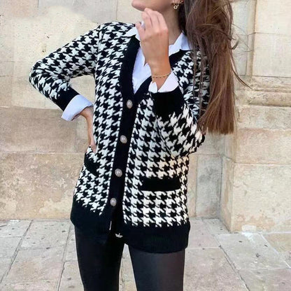 Damen Strickcardigan Hahnentrittmuster Große Knöpfe