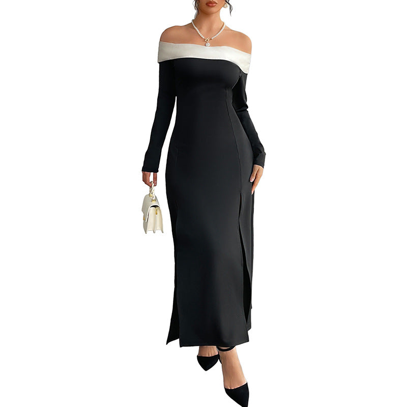 Damen Maxi-Kleid Off-Shoulder mit seitlichem Schlitz und langen Ärmeln