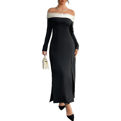 Damen Maxi-Kleid Off-Shoulder mit seitlichem Schlitz und langen Ärmeln