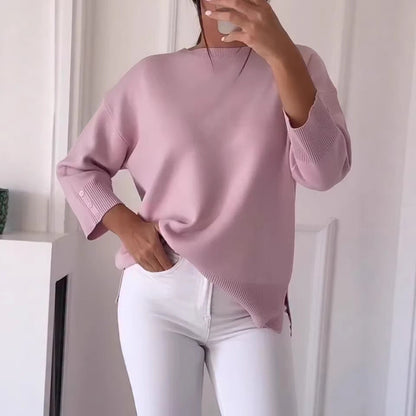 Damen Oversized Pullover Asymmetrisch Knopfdetails Beige - Eveloria