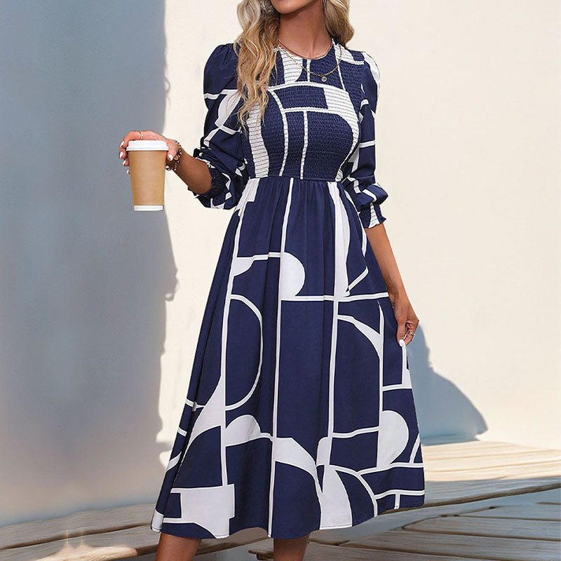 Damen Midi-Kleid Geometrisches Muster Eleganter Schnitt Eveloria