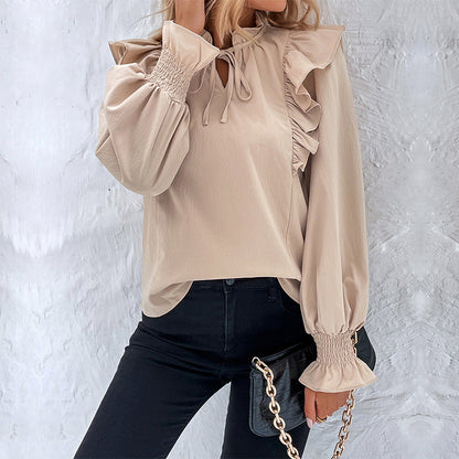 Damen Bluse Rüschendetails Schleifen-Ausschnitt Eveloria